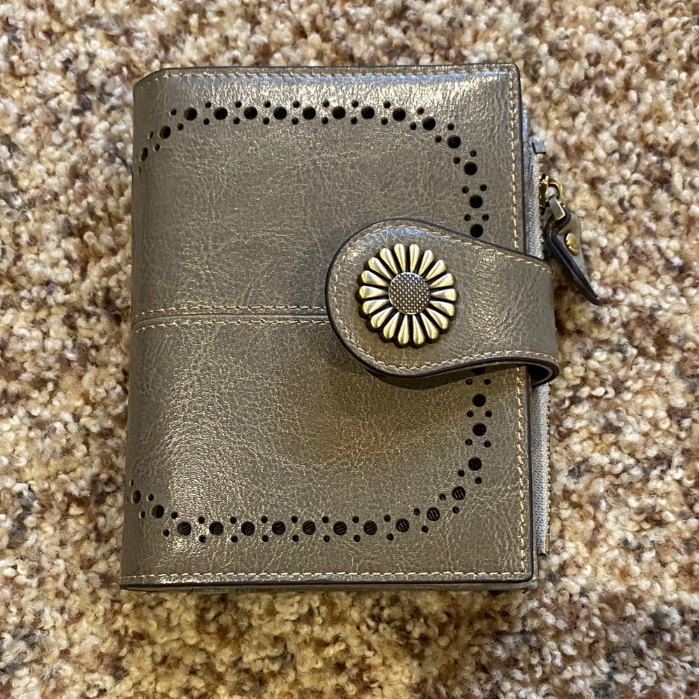 Gray Leather Wallet with Floral Button